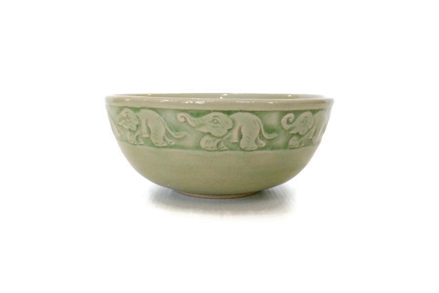 Celadon Soup Bowl Elephant carved.