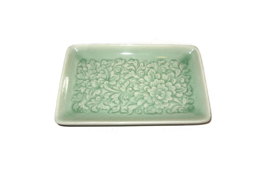 Celadon Regtangular Plate with Pudtan carving