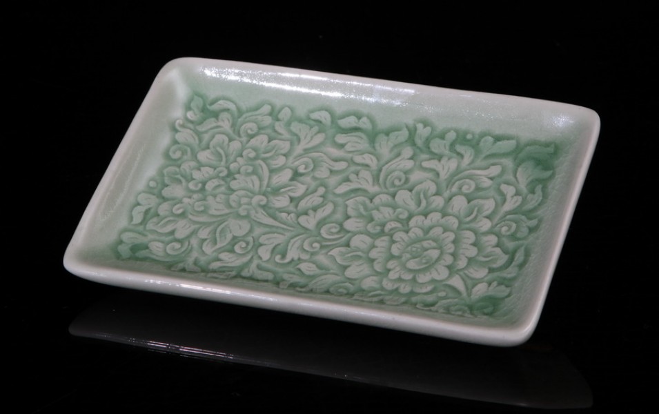 Celadon Regtangular Plate with Pudtan carving