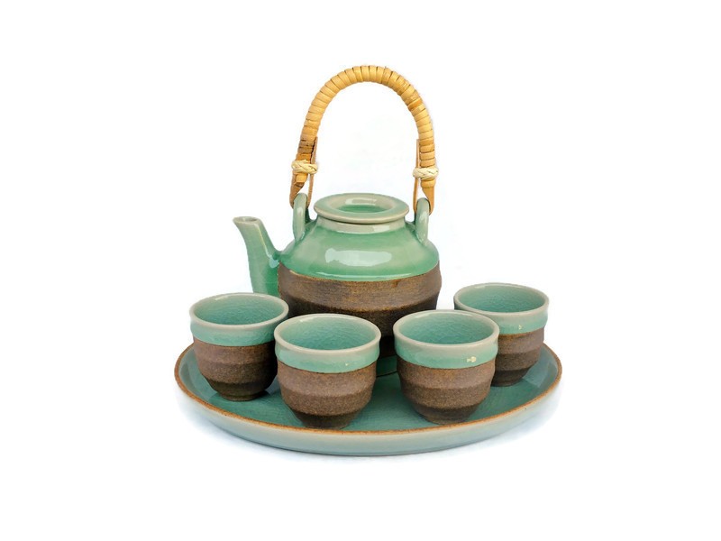 Celadon Tea Set with Rattan handle