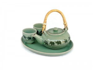 Celadon Tea Set with Elephant painted
