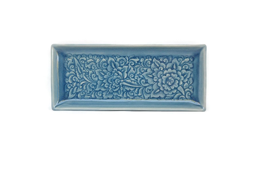 Blue Celadon Regtangular Plate Pudtan Flower