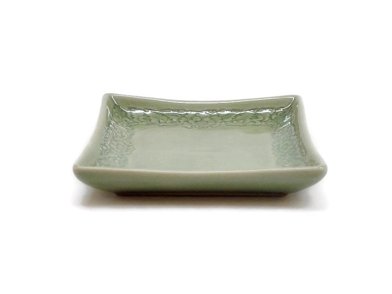 Square Celadon Plate 8 inches Orchid Design