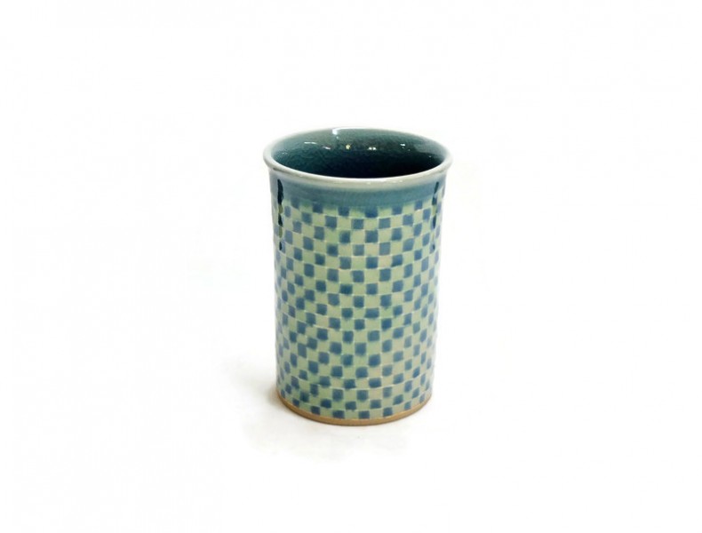 BLUE AND GREEN GINGHAM TALL TUMBLER CELADON CUP