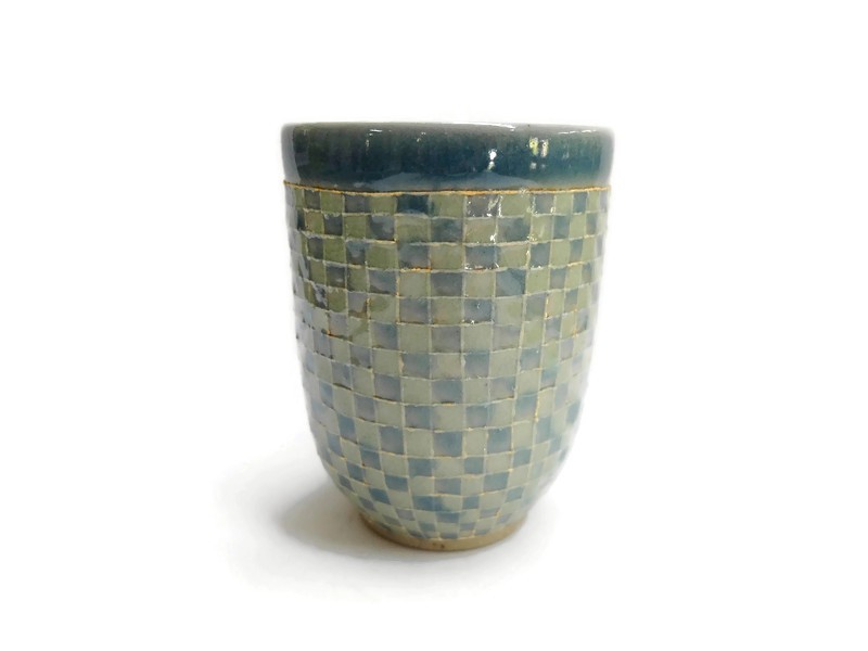 BLUE AND GREEN GINGHAM TALL CELADON CUP