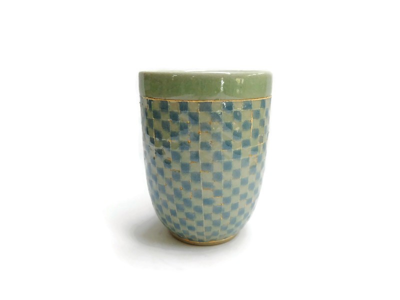BLUE AND GREEN GINGHAM TALL CELADON CUP
