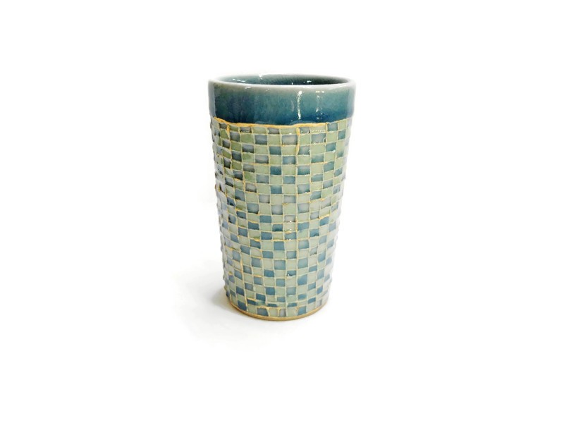 BLUE AND GREEN GINGHAM TALL CELADON CUP