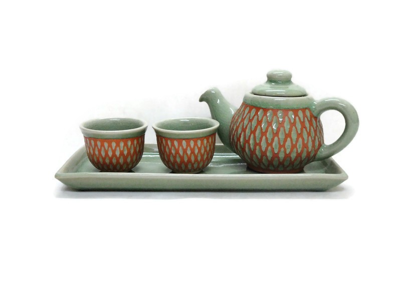 Small Celadon Tea Set - Orange Diamond