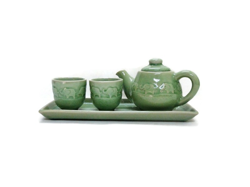 Small Celadon Tea Set - Elephant carved