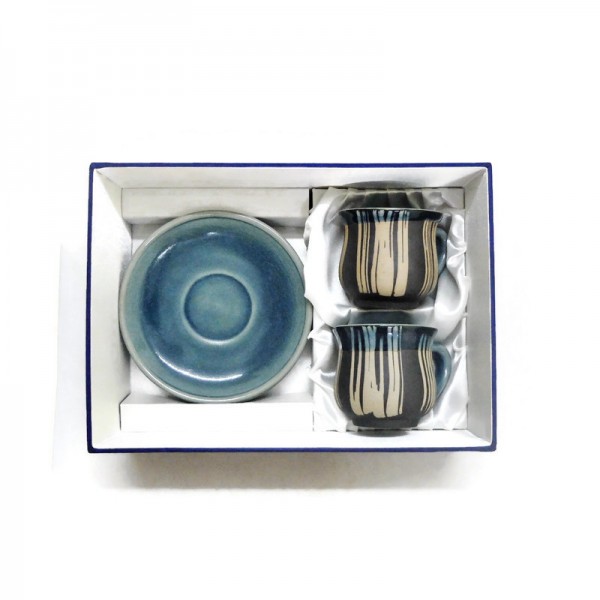 Ground coffee Cups with blue celadon saucers in silk box