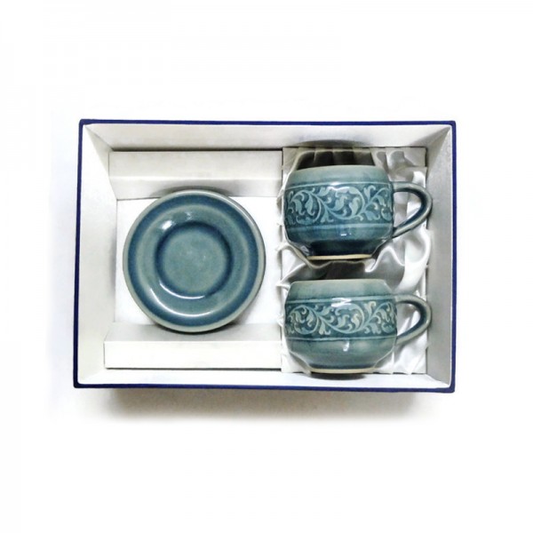 Kanok Hand-Carved Coffee Cups and saucers in silk box