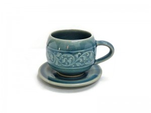 Kanok Hand-Carved Coffee Cups and saucers in silk box