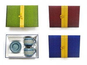 Blue Kanok Hand-Carved Coffee Cups & Saucers in silk box