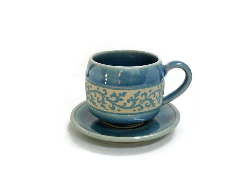 Blue Kanok Hand-Carved Coffee Cups & Saucers in silk box