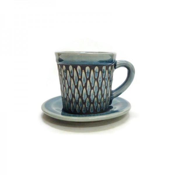 Black Diamond Hand carved Coffee cups and saucers in silk box