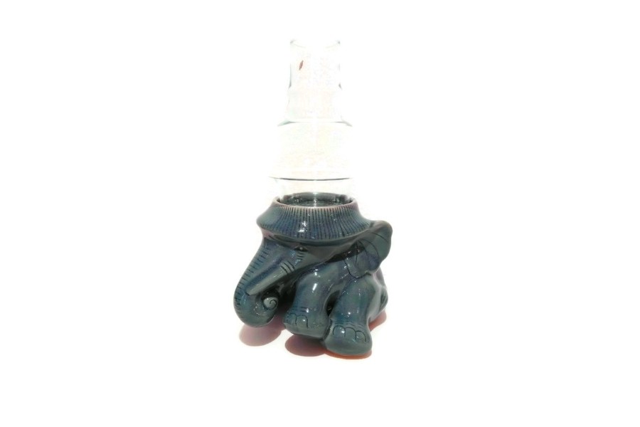 Celadon Elephant Candle Holder เชิงเทียนศิลาดลช้างนั่ง พร้อมครอบแก้ว เคลือบสีน้ำเงิน