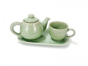 Celadon Tea pot with cup and tray