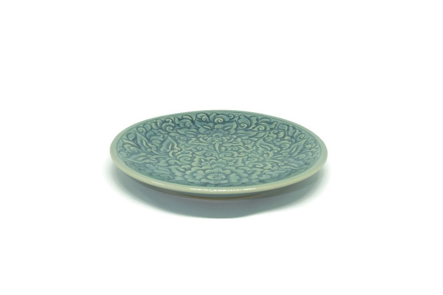 Blue celadon side plate with flower carving