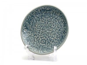 Blue celadon side plate with flower carving