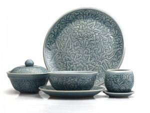 Blue celadon side plate with flower carving