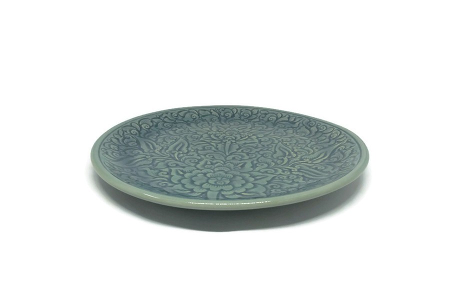 Blue celadon Dinner Plate with flower carving