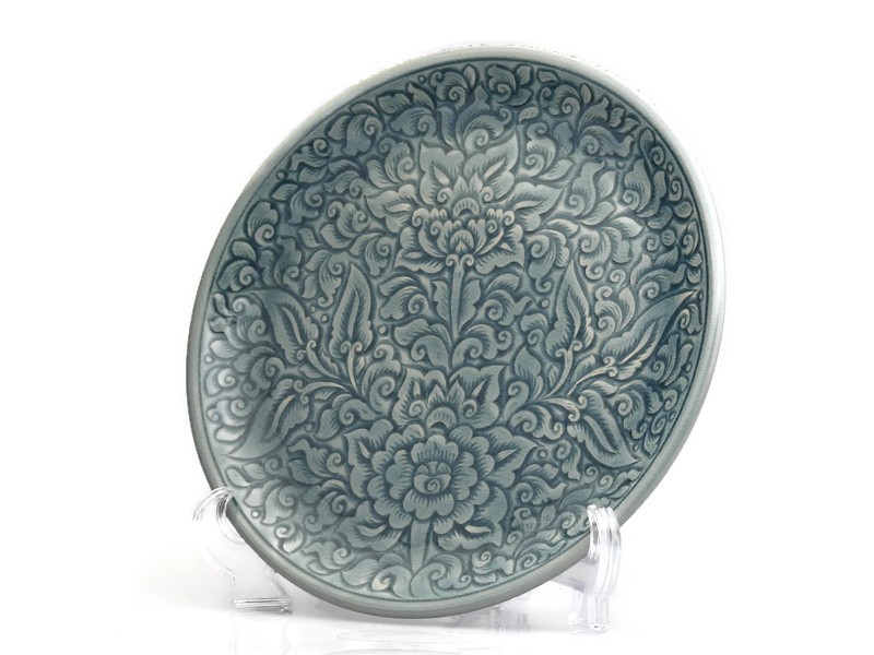 Blue celadon Dinner Plate with flower carving