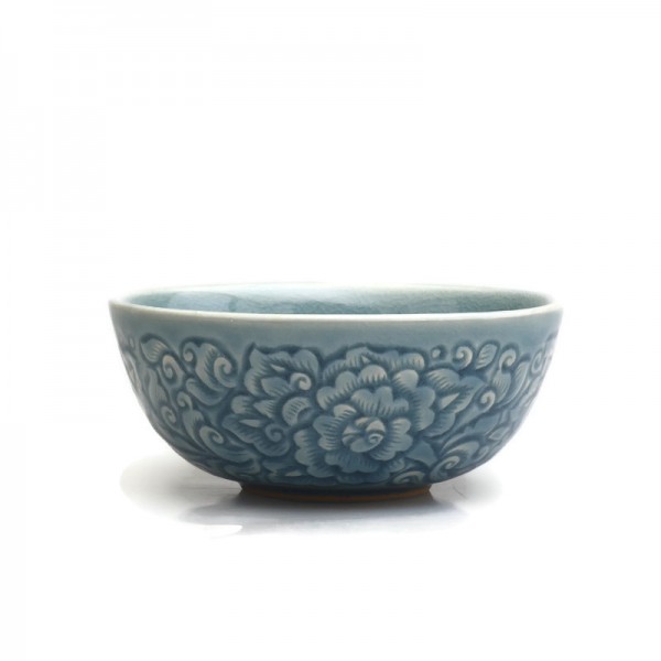 Blue celadon soup bowl with flower carving