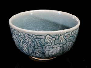 Blue celadon soup bowl with flower carving