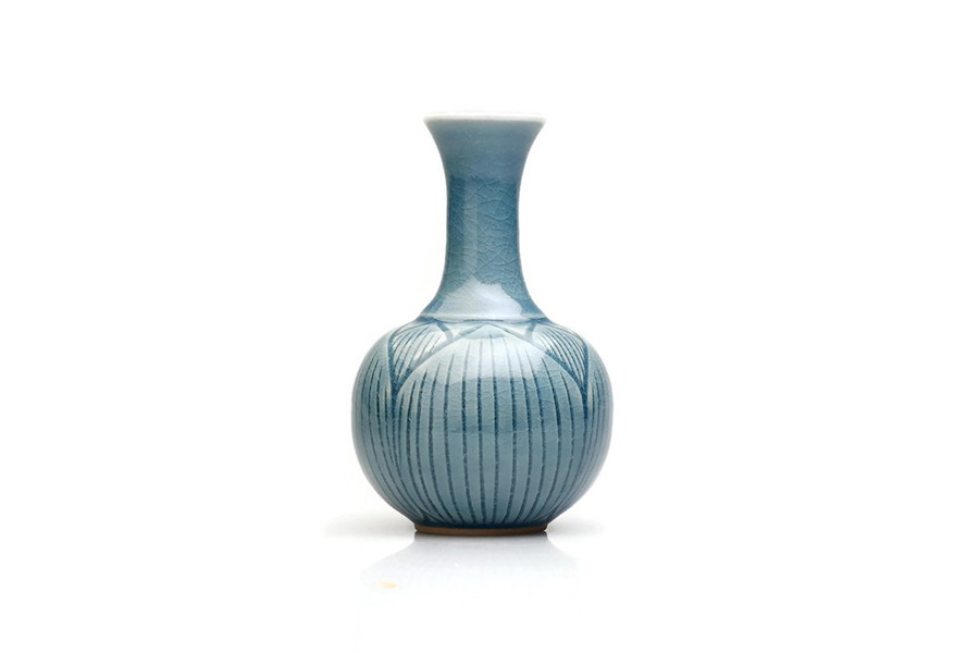 Small Blue Celadon Vase with Lotus Carving