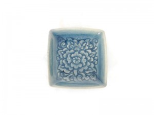 Blue Celadon Square dish with flower carving
