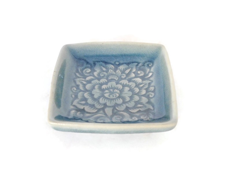 Blue Celadon Square dish with flower carving
