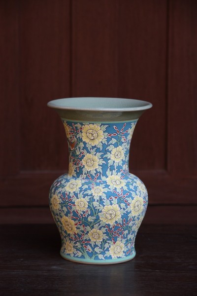 Celadon vase with Yellow flower handpainted.