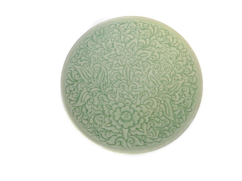 Celadon Dinner plate 11.5 inches with Pudtan flower carving by hand.