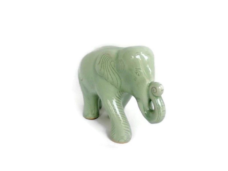 Celadon Elephant Figurine Trunk up