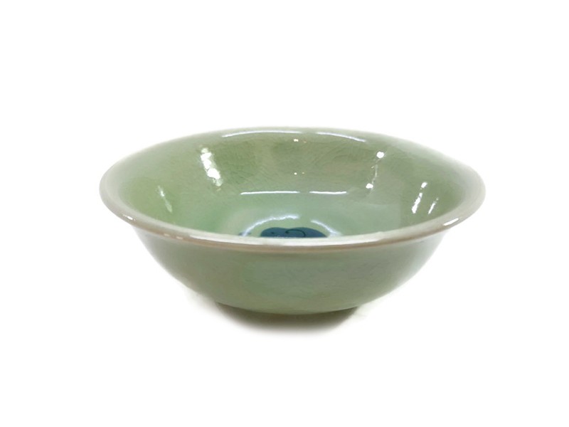 Celadon Soup Bowl Blue elephant in the middle, Green glaze