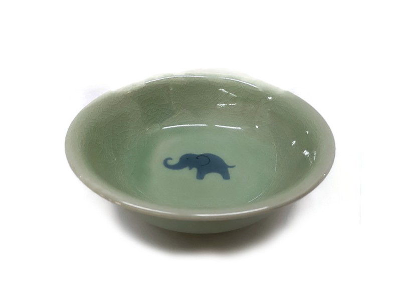 Celadon Soup Bowl Blue elephant in the middle, Green glaze