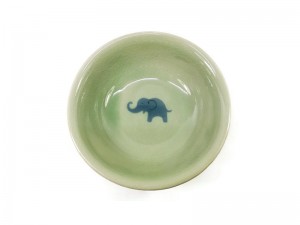 Celadon Soup Bowl Blue elephant in the middle, Green glaze