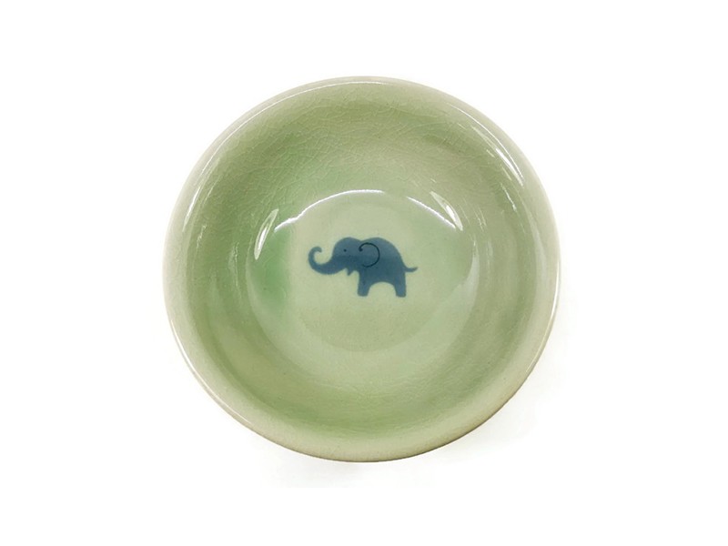 Celadon Soup Bowl Blue elephant in the middle, Green glaze