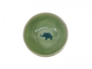 Celadon Soup Bowl Blue elephant in the middle, Green glaze