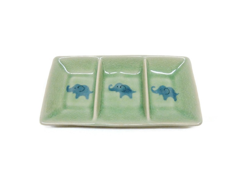 Celadon Condiment Dish Blue Elephant design Green Glaze