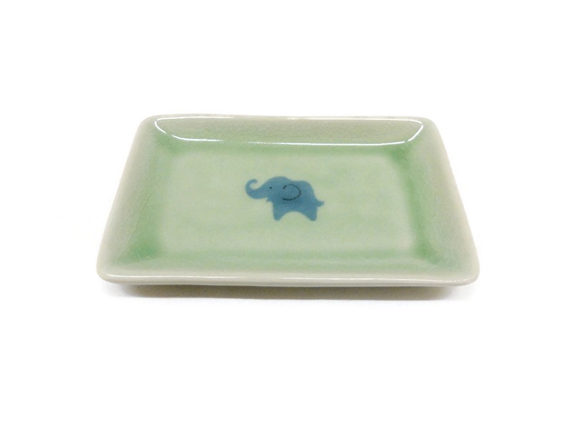 Celadon Butter Dish Blue Elephant with Green Glaze