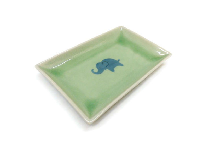 Regtangular Celadon Dish Blue Elephant with Green Glaze