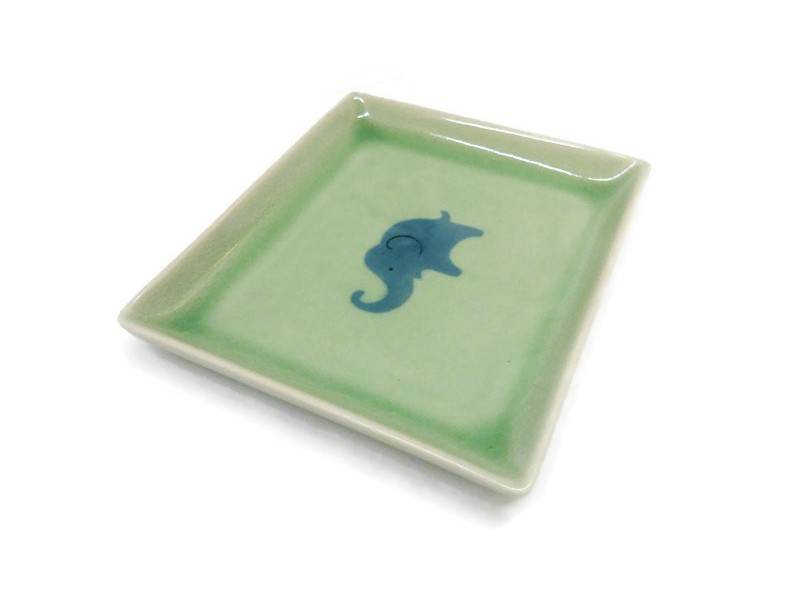 Regtangular Celadon Dish Blue Elephant with Green Glaze.