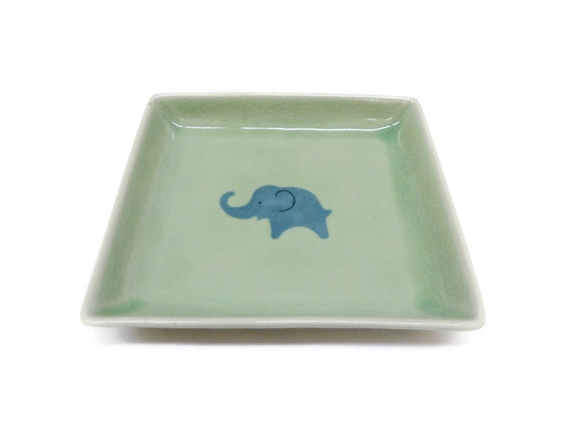 Regtangular Celadon Dish Blue Elephant with Green Glaze.