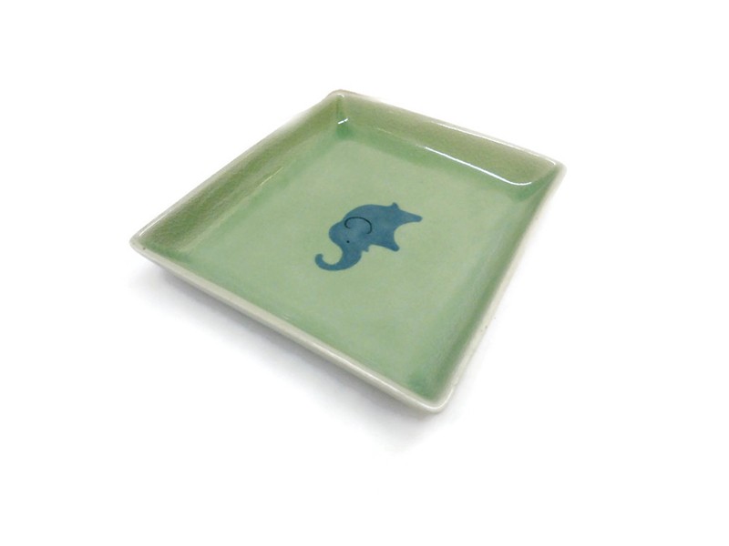 Regtangular Celadon Dish Blue Elephant with Green Glaze.